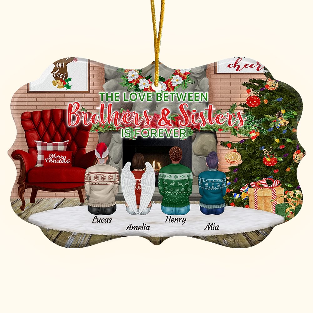 Ornement en Céramique Personnalisé avec Nom et Personnage de Frères et Soeurs Fond Cheminée et Sapin Décoration Intérieure Cadeau de Noël
