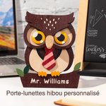 Porte-lunettes Hibou en Bois avec Nom Personnalisé Cadeau pour Bureau
