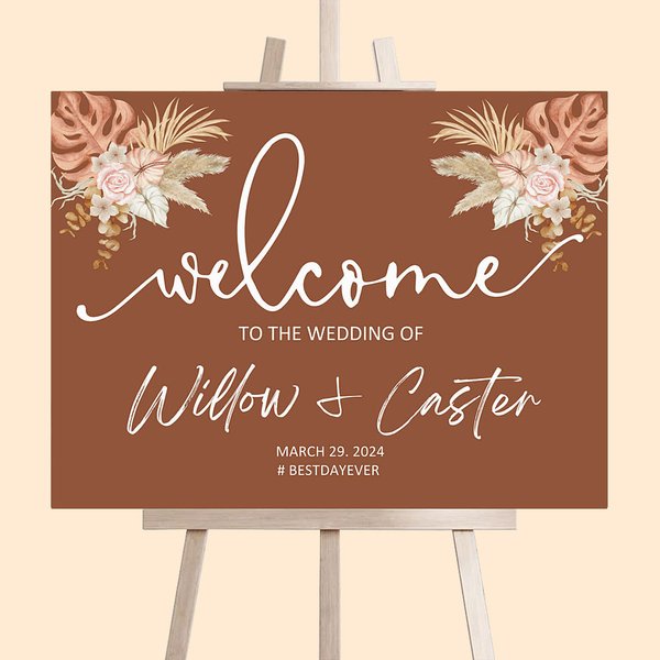 Personalised Bohemian Rust Floral Design Wedding Welcome Sign Wedding Poster with Name and Date Wedding Gift for Newlyweds Couple