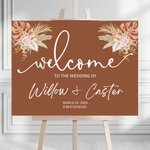Cartello di benvenuto personalizzato per matrimonio con design floreale di ruggine, nome e data, regalo di nozze per una coppia di sposi.