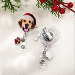 Personalized Christmas Hat Pet Portrait Badge Reel with Glitter Paw Charm Christmas Thanksgiving Gift for Veterinary Nurse Pet Lover
