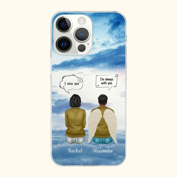 Personalisierte ich vermisse dich ich bin immer mit dir Handytasche mit Namen und Flügeln Weihnachten Memorial Geschenk für Freunde Familie