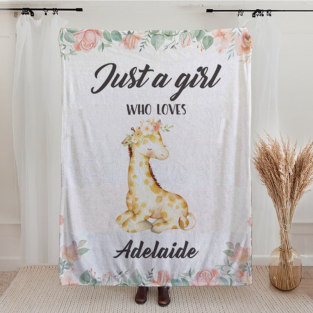 Couverture personnalisée Just A Girl Who Loves Giraffe Floral Blanket with Name Birthday Gift for Girls (Une fille qui aime la girafe, cadeau d'annive