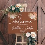 Cartello di benvenuto personalizzato per matrimonio con design floreale di ruggine, nome e data, regalo di nozze per una coppia di sposi.
