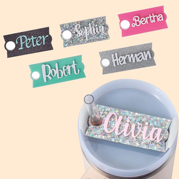 Personalisiertes Glitzer Acryl Namensschild für Stanley Tumbler Deckel Becher Flasche Topper Zubehör Geschenk für Damen Kinder