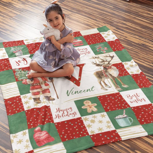 Manta personalizada de franela suave Sherpa Papá Noel y ciervo con nombre Regalo de Navidad para la familia o un amigo