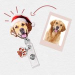 Personalized Christmas Hat Pet Portrait Badge Reel with Glitter Paw Charm Christmas Thanksgiving Gift for Veterinary Nurse Pet Lover