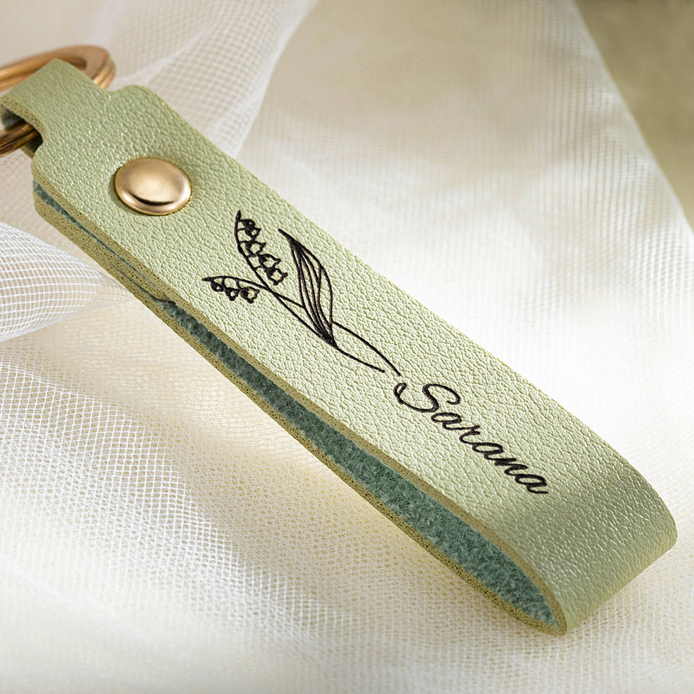 Personalized Birth Flower PU Leather Keychain with Engraved Name ...