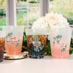 Personalized Eucalyptus Frosted Wedding Cups 12oz 16oz Recyclable Drinkware  Set of 10 Engagement Bridal Shower Bachelor Party Supplies