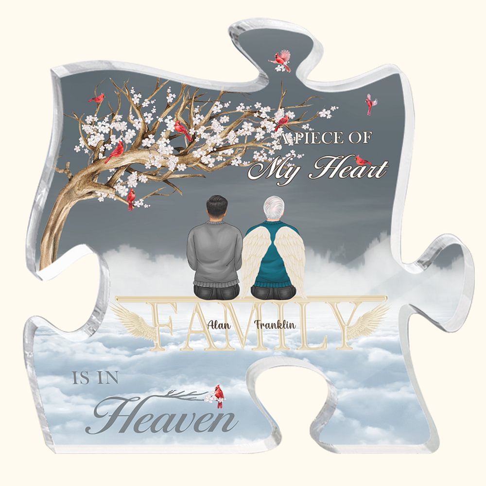 Casse-tête en acrylique Personnalisé Un morceau de mon coeur est au paradis Ornement commémoratif Décoration de bureau Cadeau pour la famille et les a