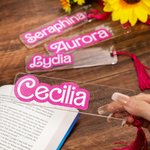Personalized Pink Curved Font Transparent Acrylic Bookmark with Name and Tassels Reading Enthusiast Essential Birthday Gift for Book Lover