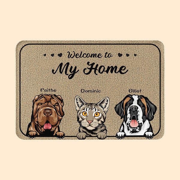 Tapis de porte personnalisé Welcome To Our Home Décoration de la maison Anniversaire Cadeau de Noël pour propriétaire d'animal de compagnie