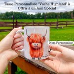 Mug 330ml en Céramique Personnalisé avec Nom Tasse de Vache Highland Impression Double Face Dessous de Verre à Choix Cadeau Anniversaire Noël pour Ami