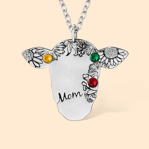 Personalized Retro Bohemian Sunflower Floral Cow Necklace with Birthstone and Engraved Name Western Jewelry Birthday Gift for Cowgirl Women