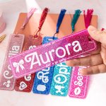 Personalized Pink Curved Font Glitter Acrylic Name Bookmark with Tassels Fashion Doll Fan Essential Birthday Gift for Book Reading Lovers