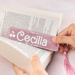 Personalized Pink Curved Font Glitter Acrylic Name Bookmark with Tassels Fashion Doll Fan Essential Birthday Gift for Book Reading Lovers