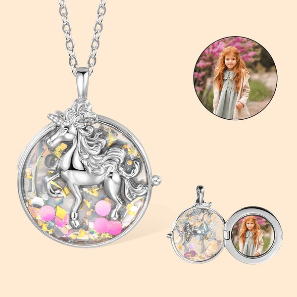 Chaîne Personnalisée avec Photo Médaillon de Licorne en Paillettes Bijou pour Fille Sœur Amie Cadeau d'Anniversaire