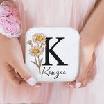 Personalized Birth Flower Jewellery Travel Case with Initial Name Christmas Wedding Gift for Bridesmaid Women