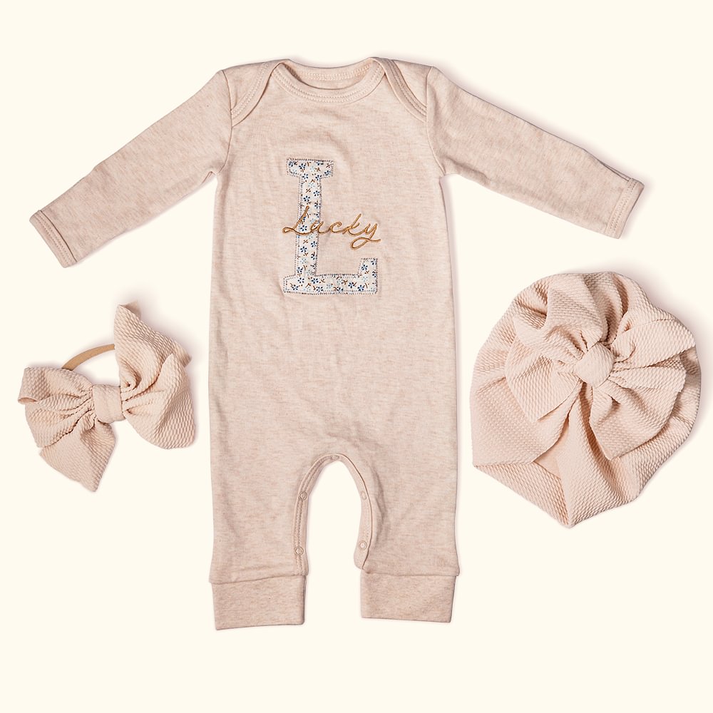 Broderie Personnalisée Fleur Vintage Nouveau-né 100% Coton Ensemble Romper avec Turban et Bow Baptism Home Outfit Gift for Infant