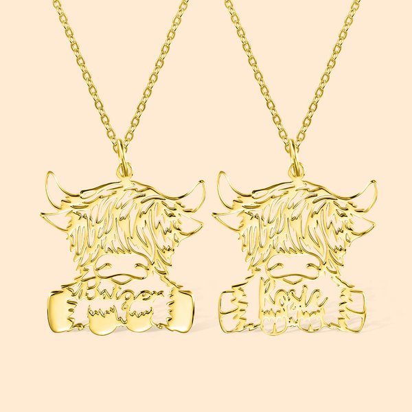 Highland Cow Necklace with Name Engraving
