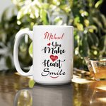 Personalized You Make My Heart Smile Ceramic Mug with Name and Text 11oz/15oz Coffee Cup Anniversary Christmas Gift for Friend Couple