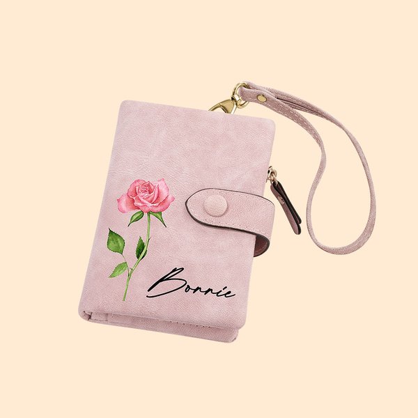 Personalisierte PU-Leder Geldbörse mit Aquarell Geburtsblume und Namen Mehrfächer Portemonnaie Münze Fach Geburtstag Weihnachten Geschenk für Damen