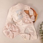 Personalized Embroidery Vintage Flower Newborn Baby 100% Cotton Romper Set with Turban and Bow  Baptism Home Outfit Gift for Infant