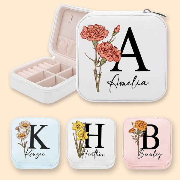 Personalisierte Geburtsblume Schmucketui mit Initiale und Name Aufbewahrungsbox für Reise Hochzeit Geschenk für Brautjungfer Damen