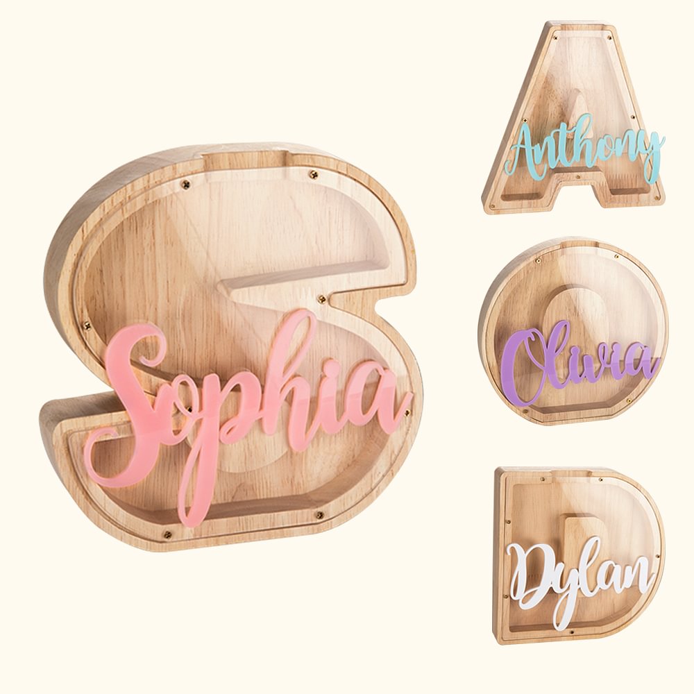 Tirelire de Lettre Personnalisée avec Nom Tirelire en Bois avec Plaque Acrylique Cadeau Anniversaire Fête pour Enfant