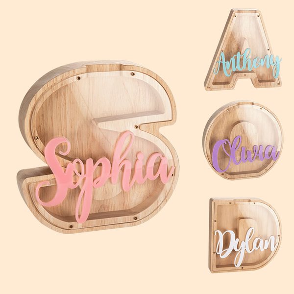 Gepersonaliseerde Houten Brief Spaarvarken Grote Geld Spaarvarken met Transparant Venster en Naam Kamer Decoratie Kerst Verjaardag Educatief Cadeau voor Kind