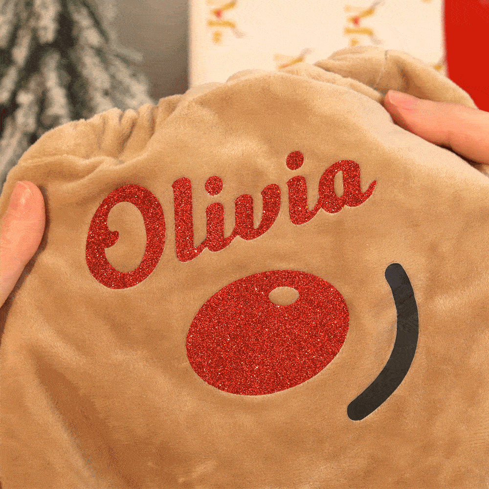 Personalized Reindeer Large Velvet Glitter Drawstring Bag with Little Bells and Name Christmas Gift for Kids