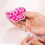 Personalized Doll-like Style Glitter Acrylic Badge Reel Retractable ID Tag with Name Christmas Birthday Appreciation Gift for Nurse Doctor Teacher
