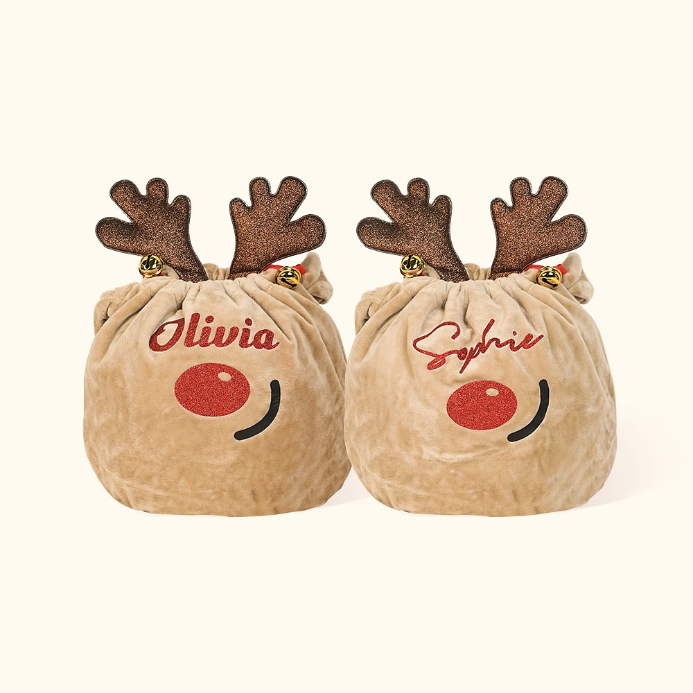 Sac à Cordon en Velours Personnalisé de Nom Design Renne Pailletée avec Clochettes Cadeau de Noël pour Enfants