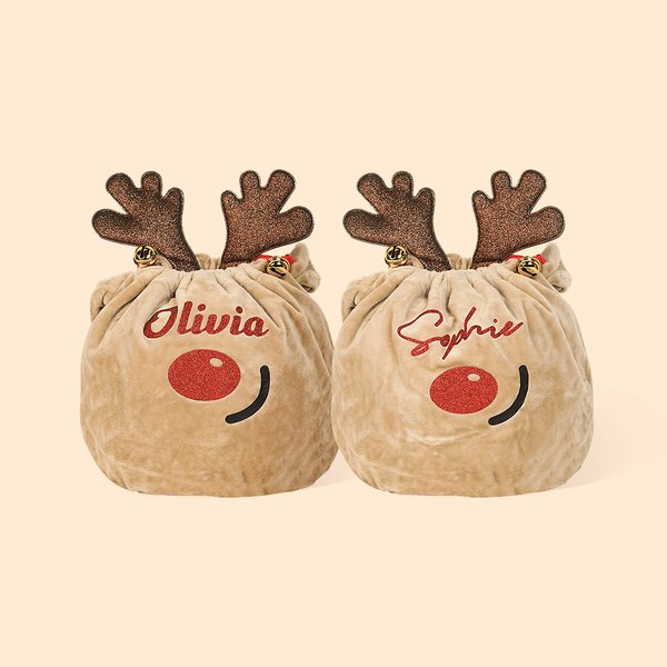 Sac à Cordon en Velours Personnalisé de Nom Design Renne Pailletée avec Clochettes Cadeau de Noël pour Enfants