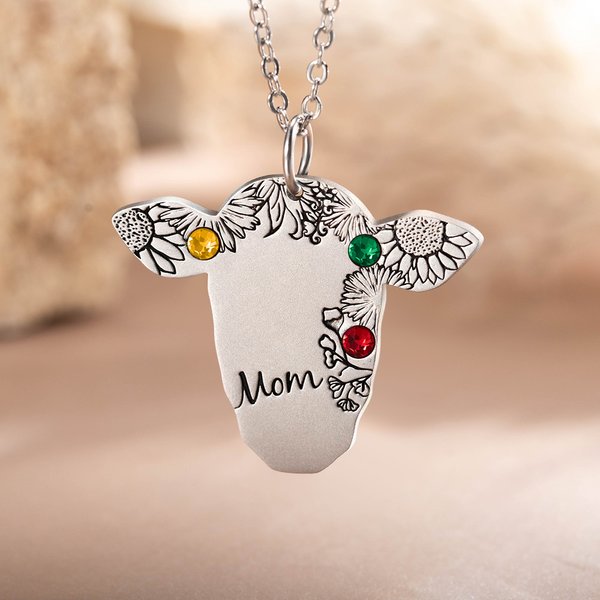 Personalised Retro Bohemian Sunflower Floral Cow Necklace with Birthstone and Engraved Name Western Jewellery Birthday Mother's Day Gift for Cowgirl Mom