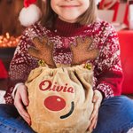 Personalized Reindeer Large Velvet Glitter Drawstring Bag with Little Bells and Name Christmas Gift for Kids