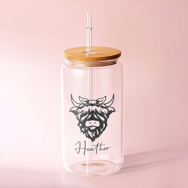 Tazza da caffè in vetro Tumbler personalizzato con coperchi in bambù Regalo di Natale per gli amanti delle mucche