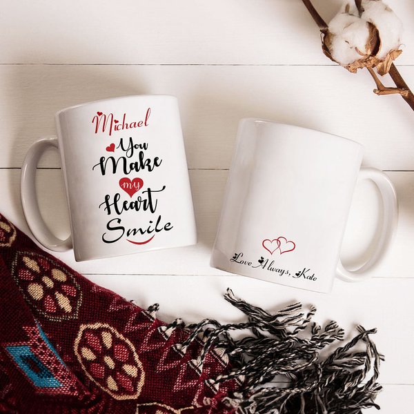 Personalized You Make My Heart Smile Ceramic Mug with Name and Text 11oz/15oz Coffee Cup Anniversary Christmas Gift for Friend Couple