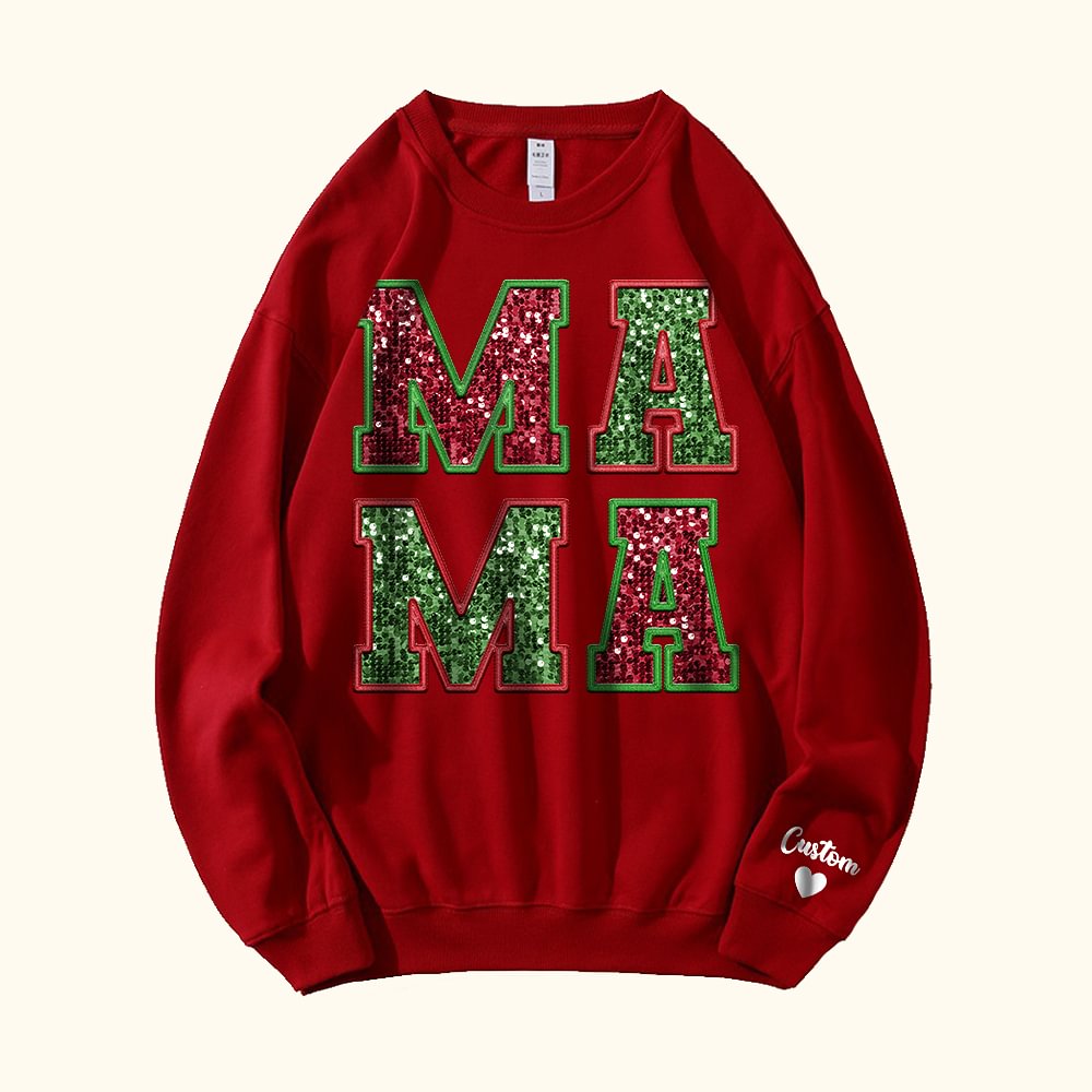 Sweatshirt T-shirt Personnalisé avec 1-6 Noms Enfants sur Manche Vêtement avec MAMA en Paillettes Cadeau Anniversaire Noël pour Maman Grand-Mère