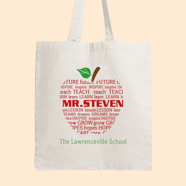 Borsa di tela per insegnanti personalizzata con motivo a mela e nome e testo Regalo di Natale di apprezzamento per l'insegnante