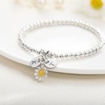 Personalised Beaded Bracelet with Daisy Charm And Engraved Initial Gift for Her Baby Shower