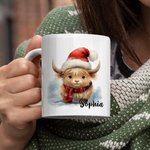 Personalized Christmas Highland Cow Mug with Coaster Christmas Gift Birthday Gift Baby Welcome Party Gift for Highland Cow Lover Kid Friend