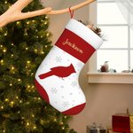 Calza di Natale personalizzata con il nome dell'uccello cardinale e fiocchi di neve Decorazione per l'albero di Natale Auguri per l'inverno Regalo per
