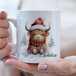 Personalized Christmas Highland Cow Mug with Coaster Christmas Gift Birthday Gift Baby Welcome Party Gift for Highland Cow Lover Kid Friend