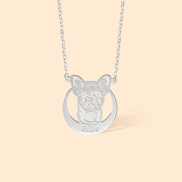 Handmade Silver Dog Face Necklace with Engraved Name