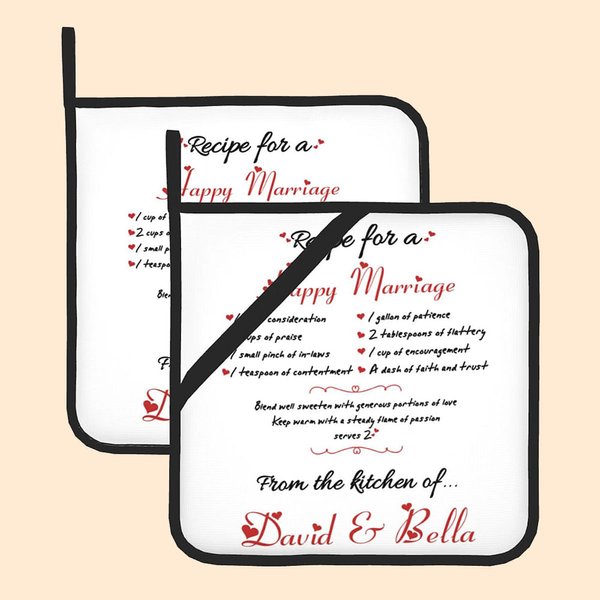 Receta personalizada para un matrimonio feliz Aislamiento Potholder Juego de 2 con nombre Cocina Decoración Navidad Boda Regalo para Pareja Familia