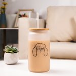 Bouteille en Verre Personnalisée avec Dessin de Contour de Chien Verre avec Couvercle en Bambou et Paille Cadeau Anniversaire pour Maman Papa
