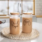 Bouteille en Verre Personnalisée avec Dessin de Contour de Chien Verre avec Couvercle en Bambou et Paille Cadeau Anniversaire pour Maman Papa