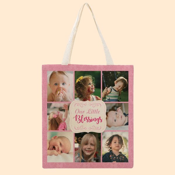 Personalisierte Unsere kleinen Segnungen Foto Collage Canvas Tote Bag mit Text Geburtstag Weihnachten Geschenk für Familie Freunde