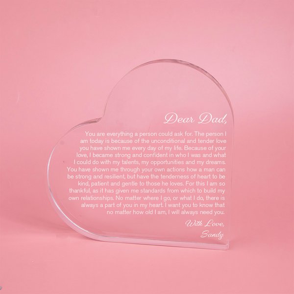 Personlig Dear Dad Graverad akrylhjärtplatta med varmt budskap Fars dag Jul Skrivbordsdekoration för pappa farfar